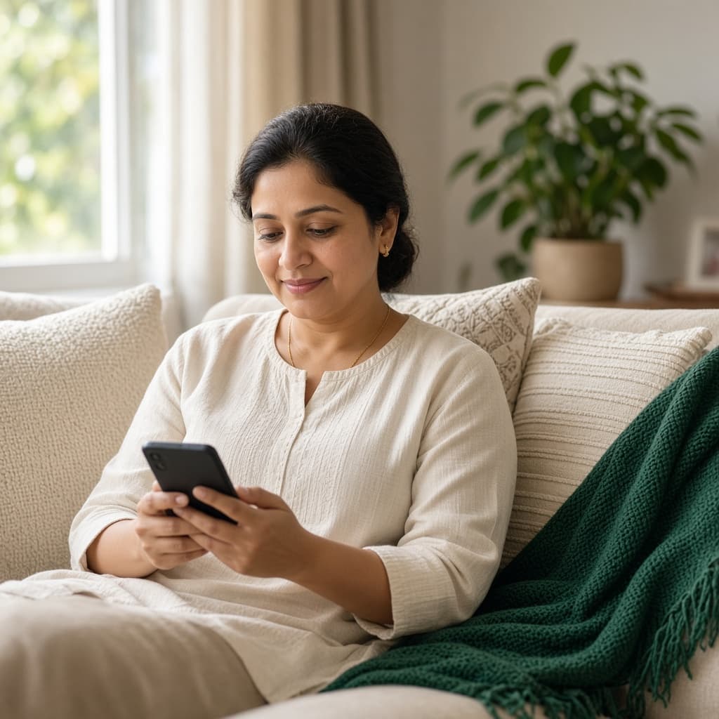 Parent calmly checking school updates on a phone at home